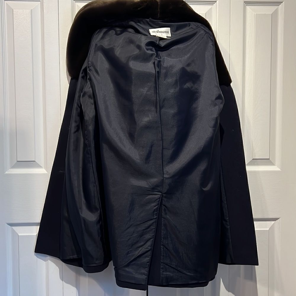 Steilmann Navy Wool Blend Coat With Brown Faux Fur Collar Size 10 - Picture 12 of 13